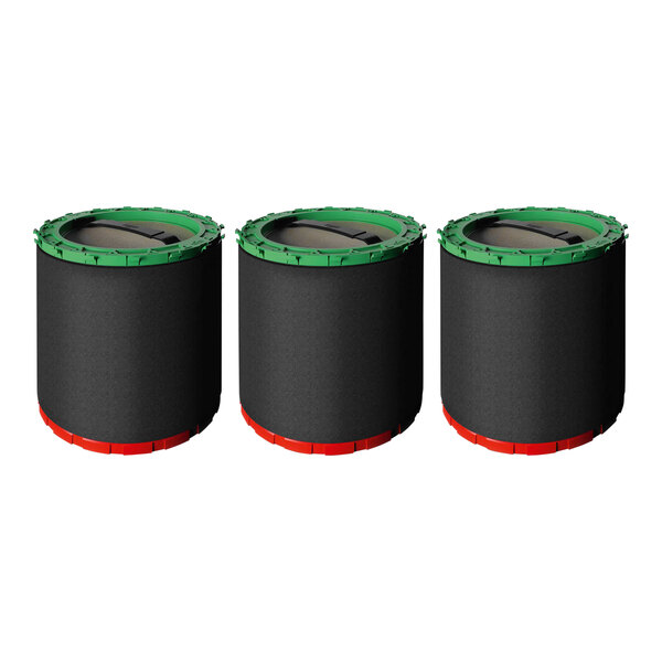 Three black and green cylindrical objects with a green rim and red trim.
