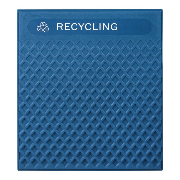 A blue Rubbermaid decorative panel with white text that says "Recycling"