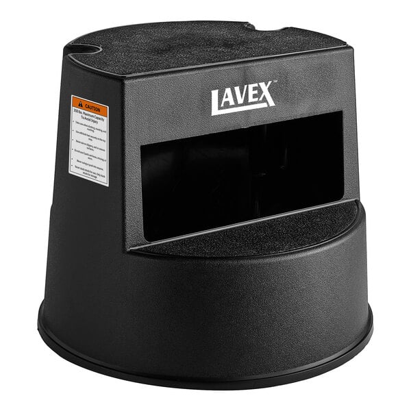 A black plastic Lavex step stool with white lettering.