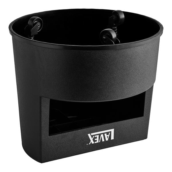 A black plastic container with wheels and the word "Lavex" on it.
