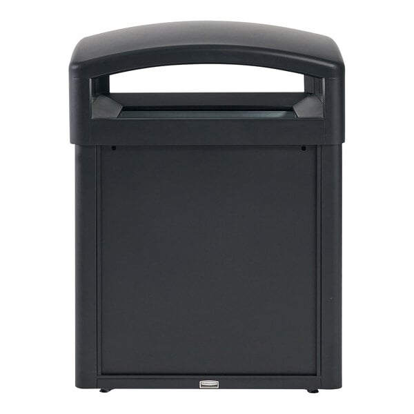 A black rectangular Rubbermaid Tailor steel trash can with a lid.