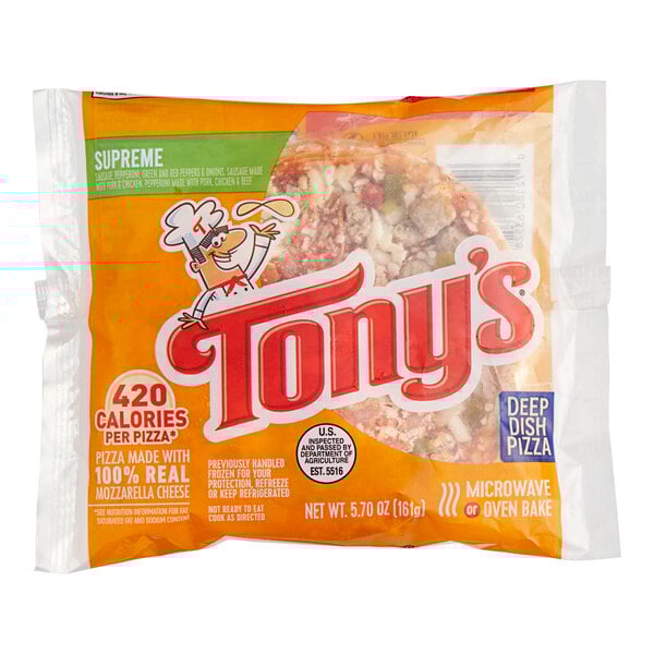 A package of Tony's Individually Wrapped Deep Dish Supreme Pizza.