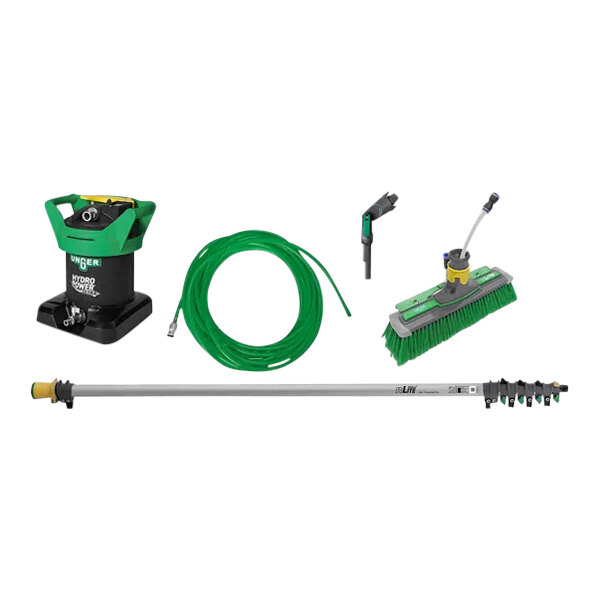 A Unger HydroPower Ultra Deionized Pure Water System Entry Kit with green and black hoses and sprayers.