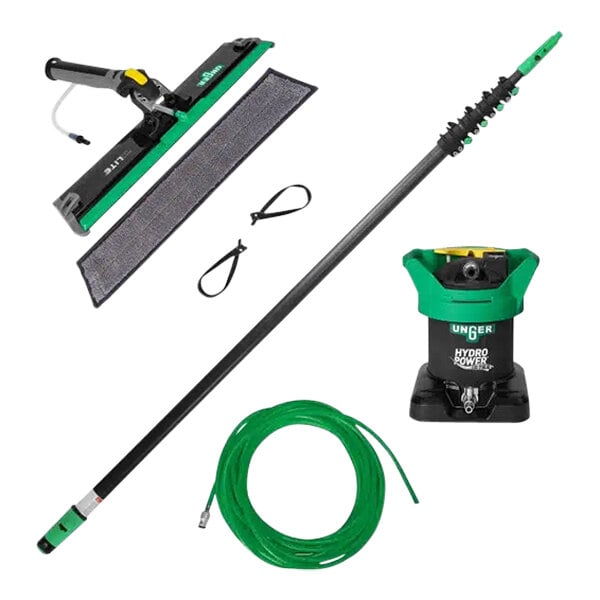 A green and black Unger HydroPower Ultra PowerPad Deionized Pure Water System starter kit with a green tube.