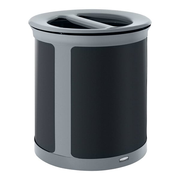 A black and grey Rubbermaid Enhance dual stream trash can with a lid.