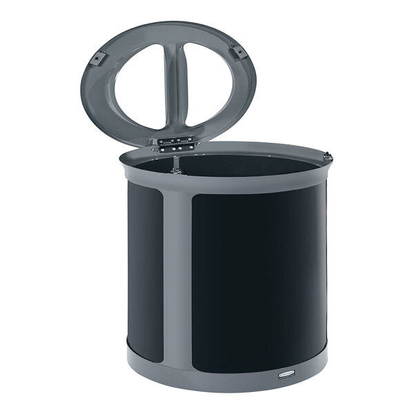 A grey and black Rubbermaid dual stream trash can.