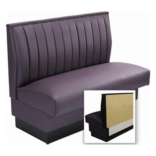 An American Tables & Seating wall bench with a purple channel back and black seat.