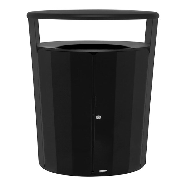 A black Rubbermaid outdoor trash can with a lid.