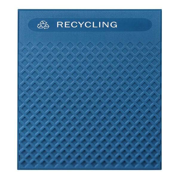A blue Rubbermaid decorative panel with white text that says "Recycling"