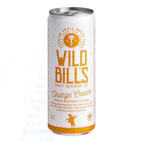 A close up of a Wild Bill's Orange Cream Soda can.