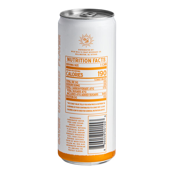 A close-up of a white and orange Wild Bill's Orange Cream Soda can with a label.