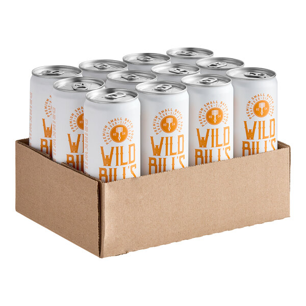 A case of Wild Bill's Craft Beverage Co. Orange Cream Soda cans in a white cardboard box.