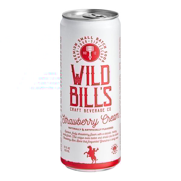 A close up of a Wild Bill's Strawberry Cream Soda can.
