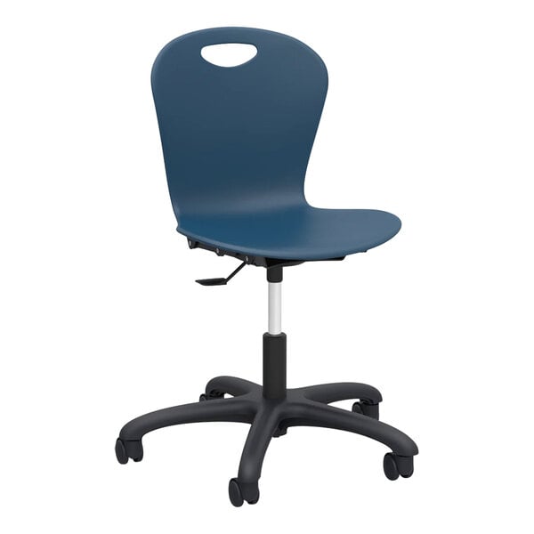 A navy Zuma mobile task chair with wheels.