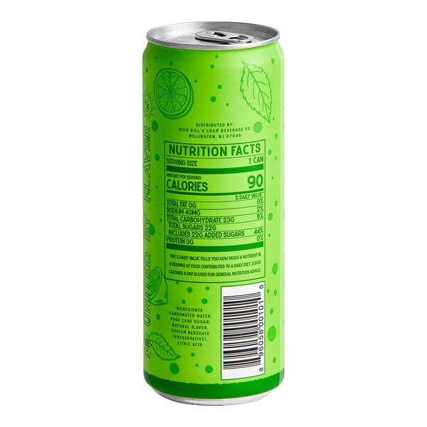 A green Wild Bill's Craft Beverage Co. Mojito Soda can with a label featuring black text and green dots.