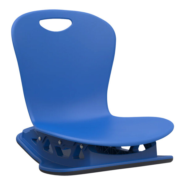 A Zuma cobalt blue plastic floor rocker chair with a handle.