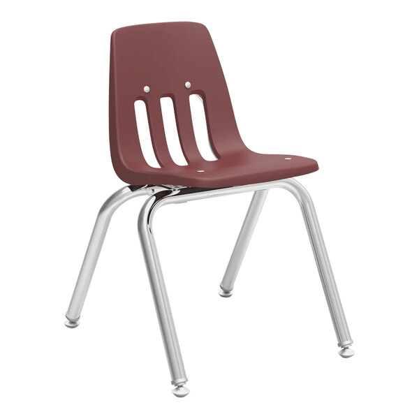 A red Virco 9000 Series student chair with silver metal legs.