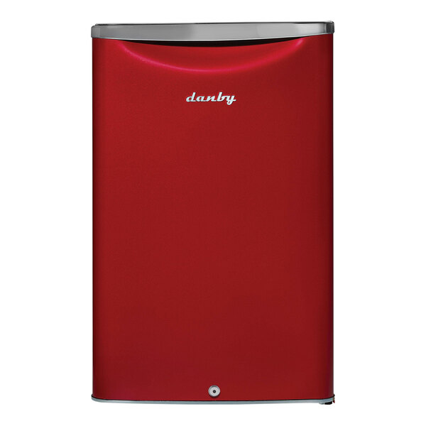 A metallic red Danby reach-in refrigerator with a silver top and white text.