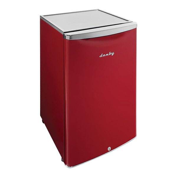 A Danby metallic red refrigerator with a silver handle.