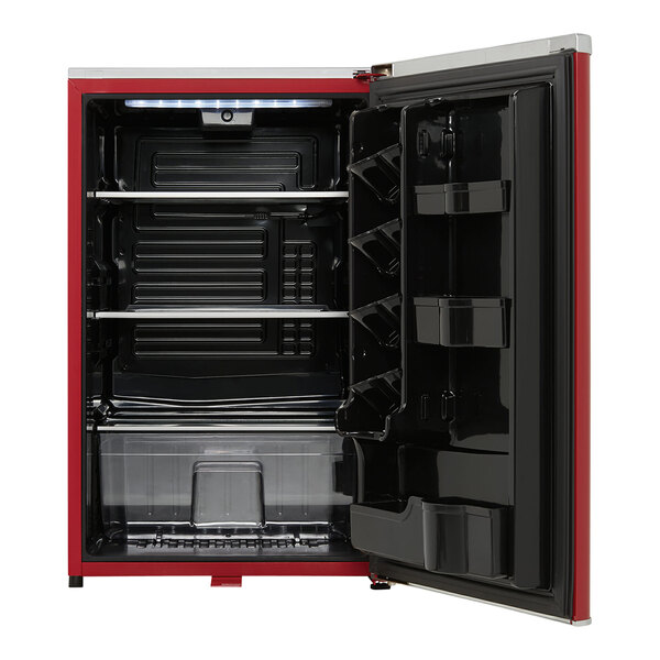 A red Danby reach-in refrigerator with a black door.