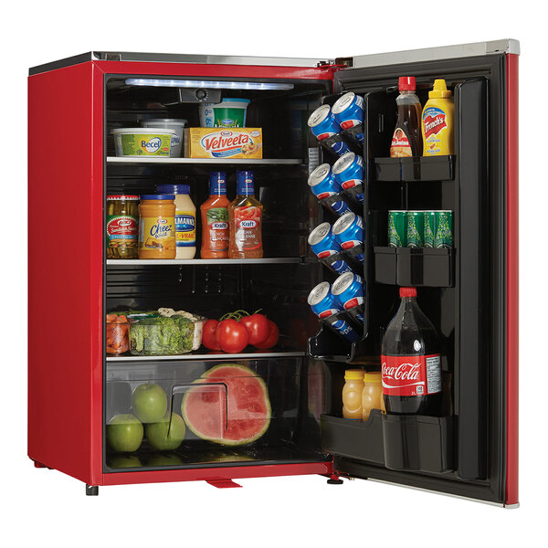 A Danby metallic red refrigerator with food and drinks inside.