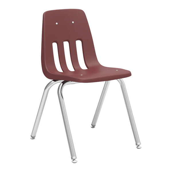 A red Virco student chair with a metal frame.