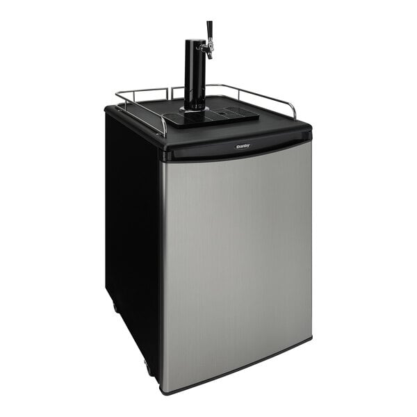 A black and spotless steel Danby beer dispenser with a tap on top.
