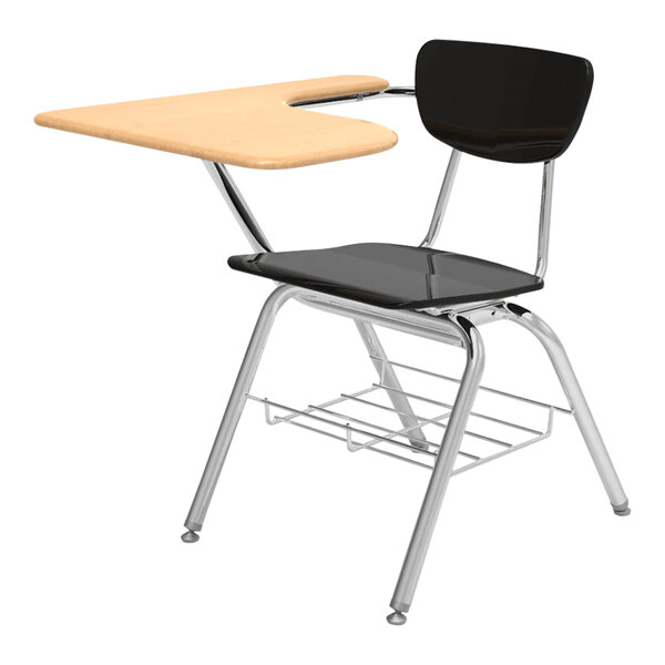 A Virco student desk with a black chair and fusion maple tablet arm.