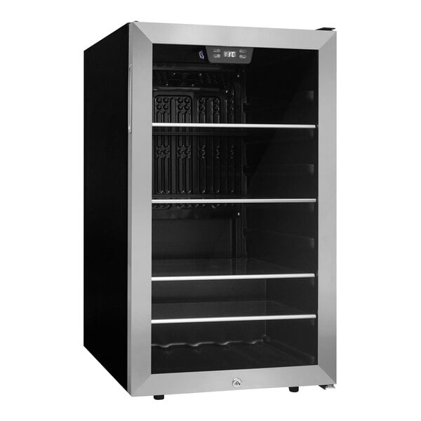 A stainless steel glass door beverage refrigerator with multiple shelves.