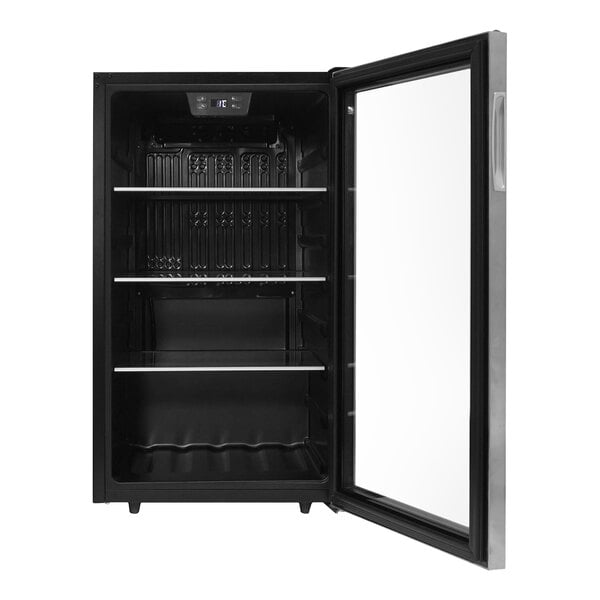A stainless steel glass door beverage refrigerator with multiple shelves and an open door.