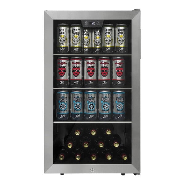 A stainless steel glass door beverage refrigerator filled with cans and bottles.