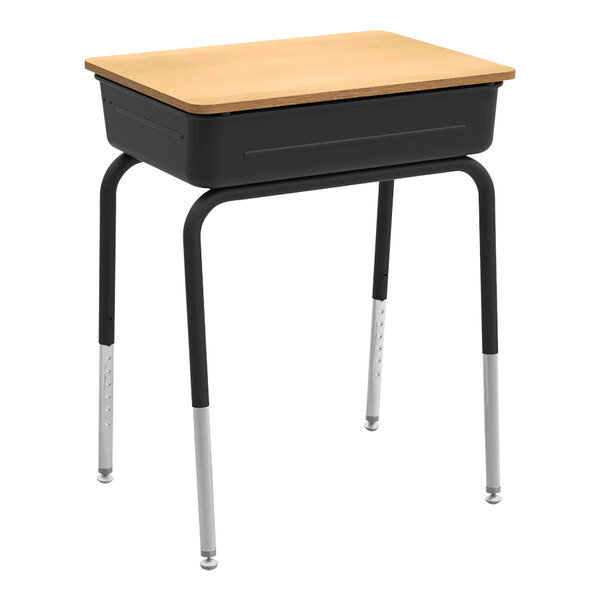 A black metal student desk with a fusion maple wood top and lift-lid book box.
