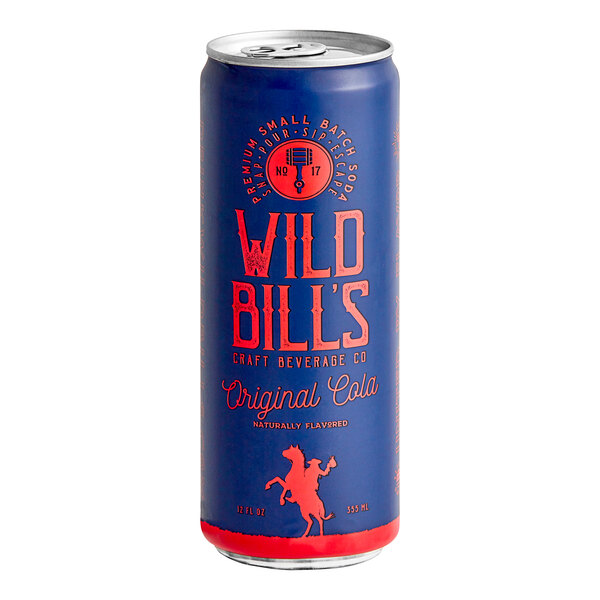 A case of 12 blue Wild Bill's Original Cola cans with red text.