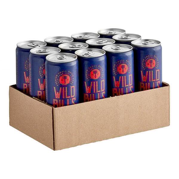 A cardboard box full of blue Wild Bill's Craft Beverage Co. Original Cola soda cans.
