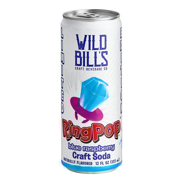 A can of Wild Bill's Craft Beverage Co. blue raspberry soda with a blue diamond logo.