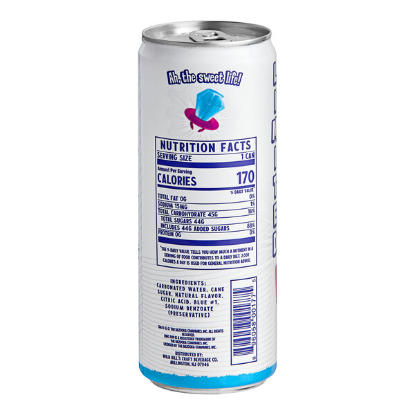 A white can of Wild Bill's Craft Beverage Co. Ring Pop Blue Raspberry Soda with blue text.
