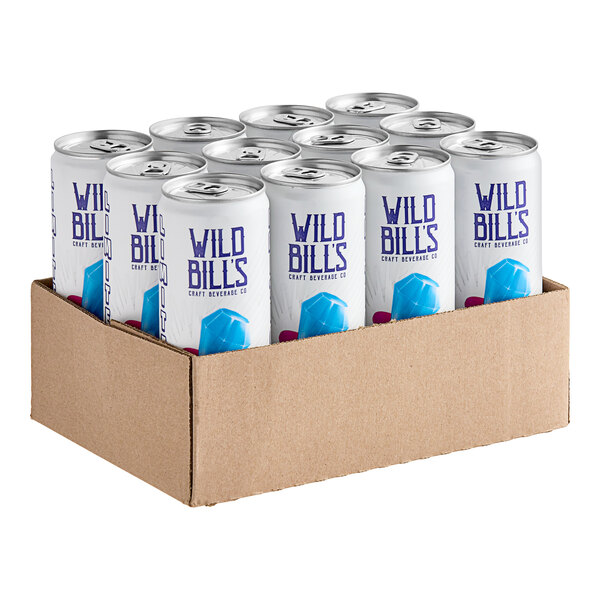 A white cardboard box filled with 12 white cans of Wild Bill's Blue Raspberry Ring Pop Soda.