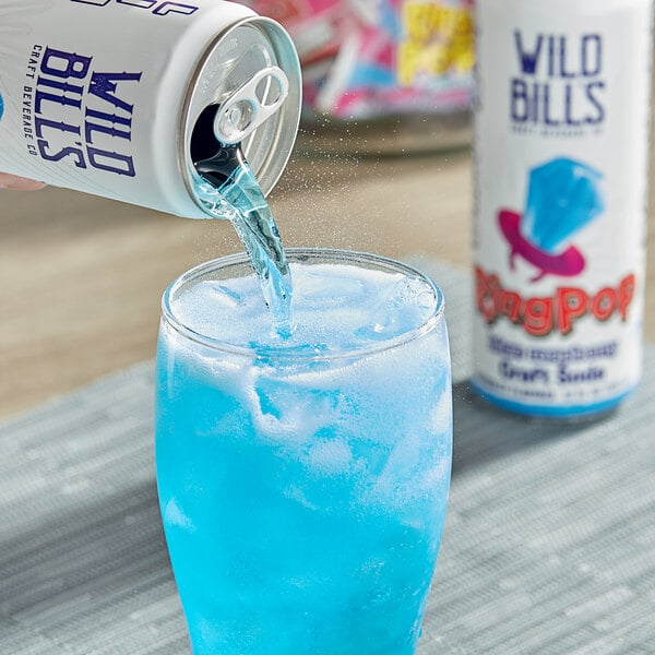Blue Wild Bill's Craft Beverage Co. Ring Pop Blue Raspberry Soda being poured into a glass.