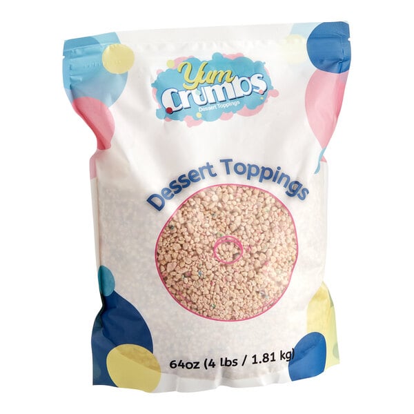 A white bag of Yum Crumbs Birthday Cake Crumb Topping.