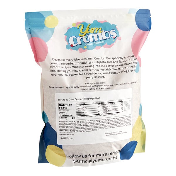A bag of Yum Crumbs Birthday Cake crumb topping with a label.