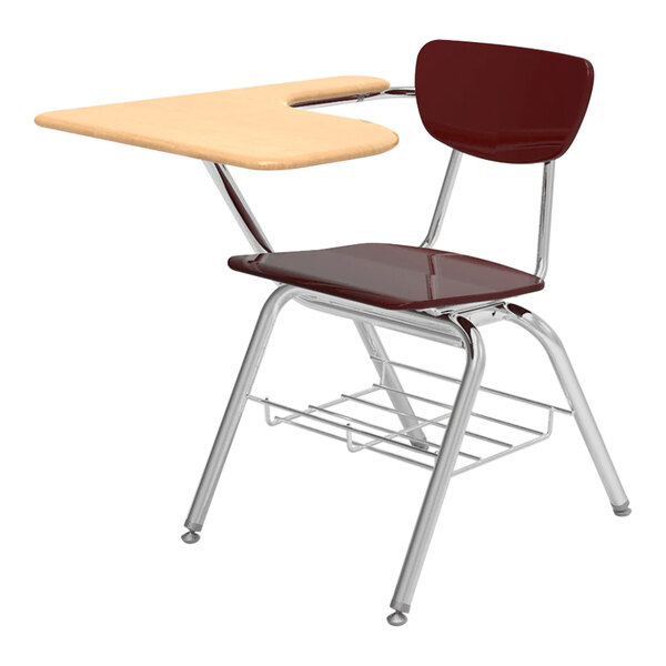 A Virco student desk chair with a fusion maple tablet arm and underseat book rack.