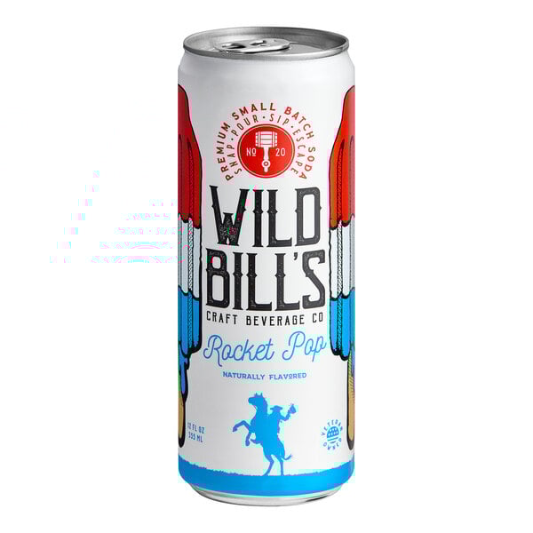 A close up of a Wild Bill's Rocket Pop Soda can.
