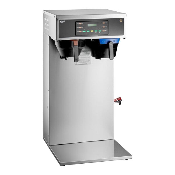 A silver and black Curtis CBHT High Volume Twin Combo coffee and tea machine on a counter with two water dispensers.