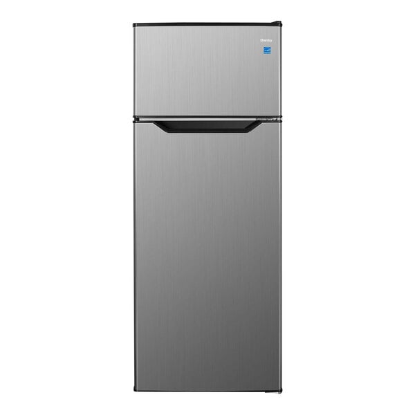 A silver Danby reach-in refrigerator/freezer with two blue doors.