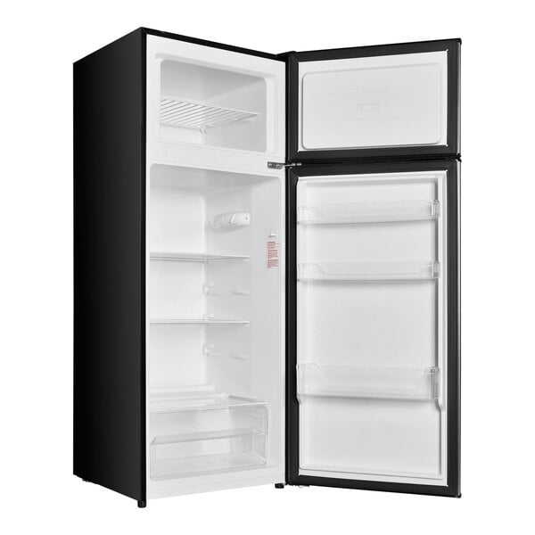 A black and white Danby reach-in refrigerator with its door open.