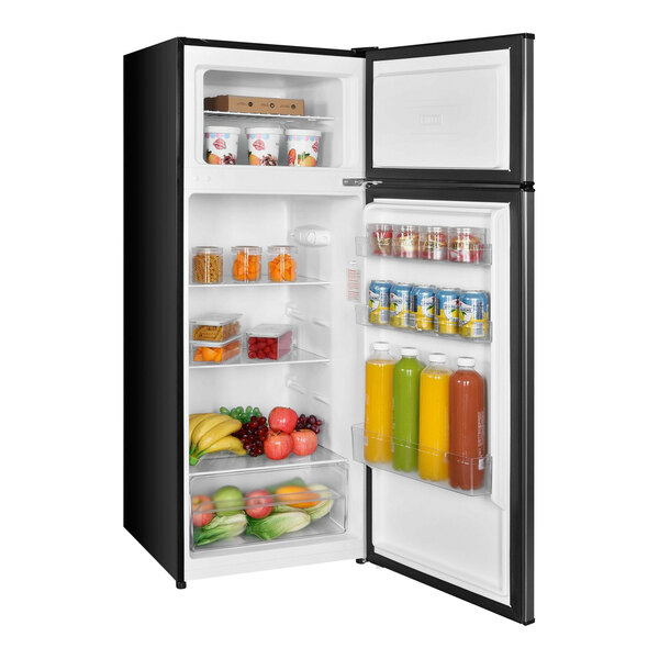 A Danby stainless steel refrigerator with its doors open and food inside.