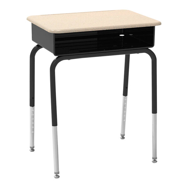 A white student desk with a tan dry-erase top and open-front book box.