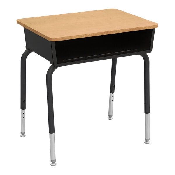 A Fusion Maple open-front school desk with a black metal frame.