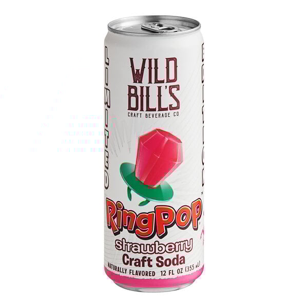 A can of Wild Bill's Craft Beverage Co. Ring Pop Strawberry Soda with a pink and red label.