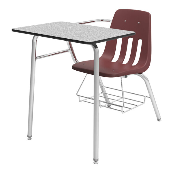 A Virco student desk and chair set with a gray desk and wine shell seat with a book rack.